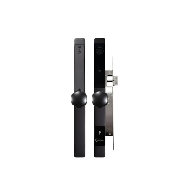 Black electronic door lock on a white background