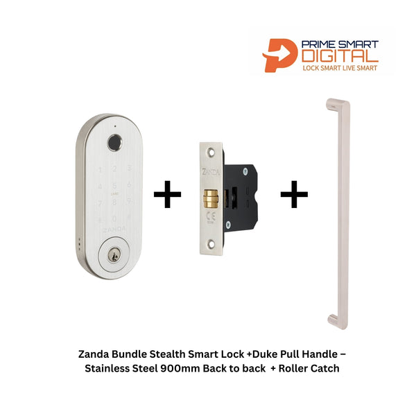 Zanda Bundle Stealth Smart Lock +Duke Pull Handle – Stainless Steel 900mm Back to back  + Roller Catch