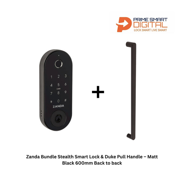 Zanda Bundle Stealth Smart Lock & Duke Pull Handle – Matt Black 600mm Back to back