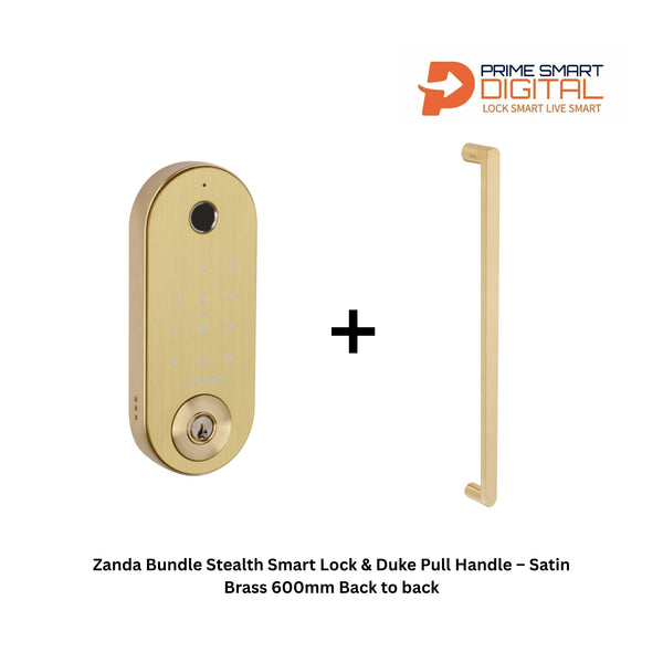 Zanda Bundle Stealth Smart Lock & Duke Pull Handle – Satin Brass 600mm Back to back