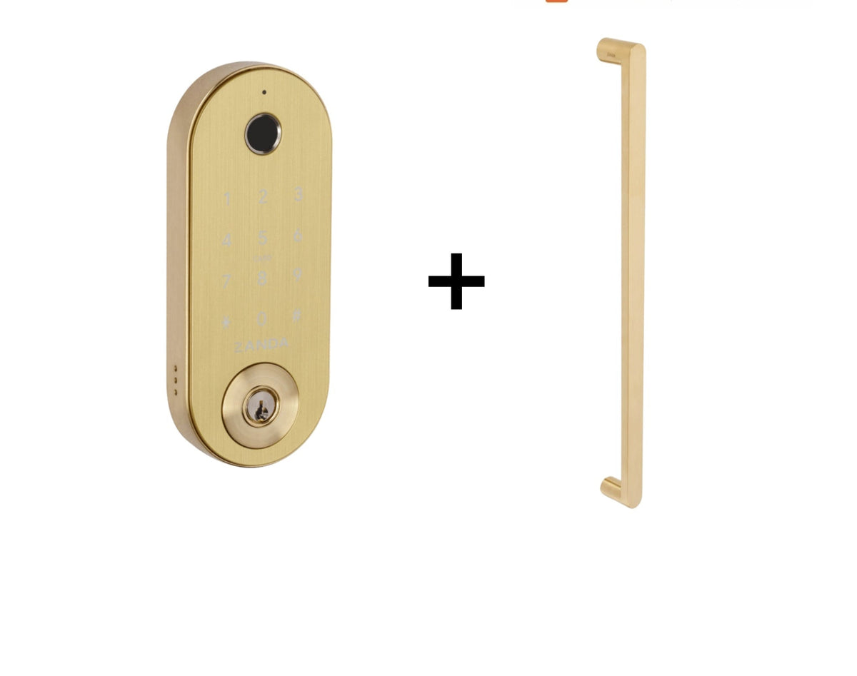 Zanda Bundle Stealth Smart Lock & Duke Pull Handle – Satin Brass 600mm Back to back