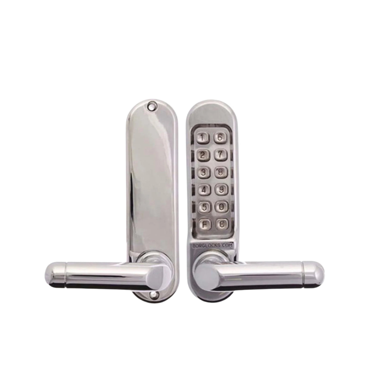 Silver electronic door handle with keypad on a white background