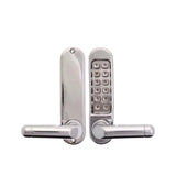 Silver electronic door handle with keypad on a white background